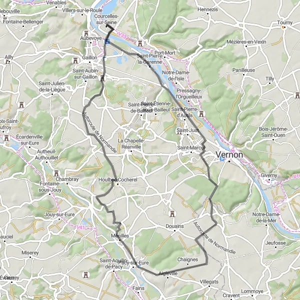 Map miniature of "Castles and Scenic Views" cycling inspiration in Haute-Normandie, France. Generated by Tarmacs.app cycling route planner