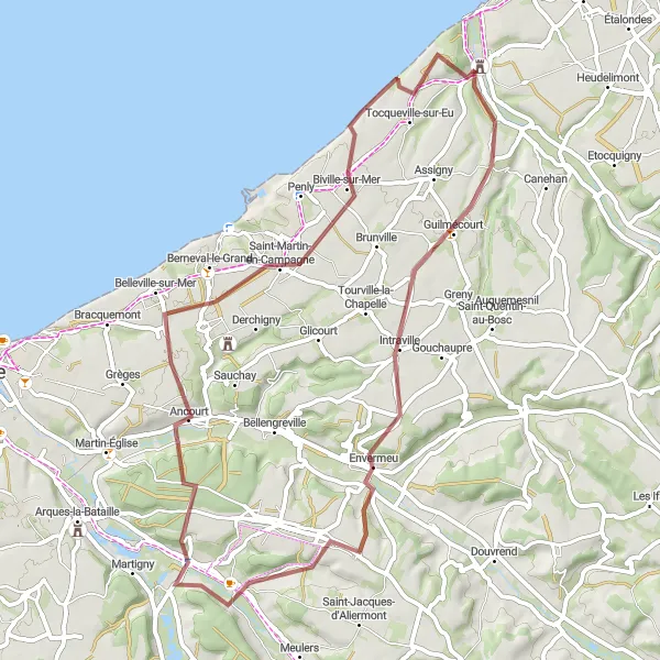 Miniature de la carte de l'inspiration cycliste "Parcours pittoresque en VTT autour de Criel-sur-Mer" dans la Haute-Normandie, France. Générée par le planificateur d'itinéraire cycliste Tarmacs.app