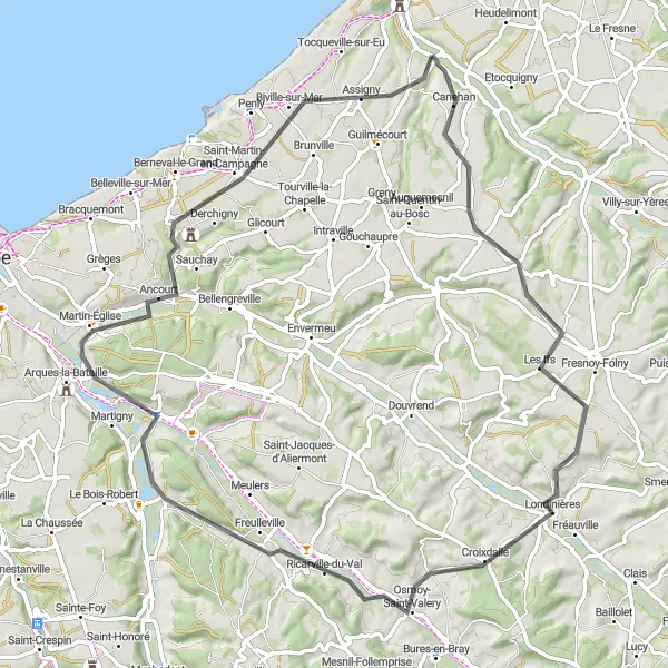 Map miniature of "The Cliffside Circuit" cycling inspiration in Haute-Normandie, France. Generated by Tarmacs.app cycling route planner