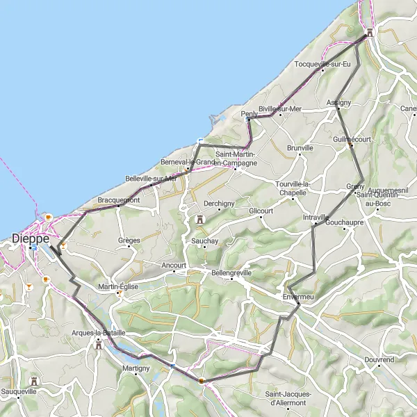 Miniature de la carte de l'inspiration cycliste "Belle balade en vélo autour de Criel-sur-Mer" dans la Haute-Normandie, France. Générée par le planificateur d'itinéraire cycliste Tarmacs.app
