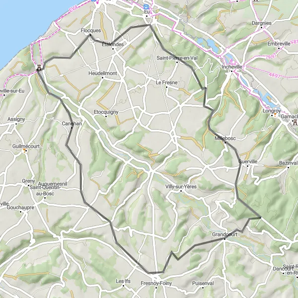 Miniature de la carte de l'inspiration cycliste "Les Vallées et les Châteaux Normands" dans la Haute-Normandie, France. Générée par le planificateur d'itinéraire cycliste Tarmacs.app