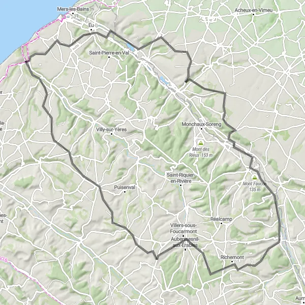 Miniature de la carte de l'inspiration cycliste "Tour complet à vélo avec des panoramas époustouflants" dans la Haute-Normandie, France. Générée par le planificateur d'itinéraire cycliste Tarmacs.app