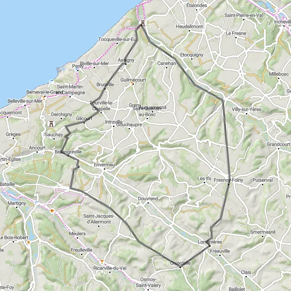 Miniature de la carte de l'inspiration cycliste "Circuit vallonné à travers la campagne normande" dans la Haute-Normandie, France. Générée par le planificateur d'itinéraire cycliste Tarmacs.app