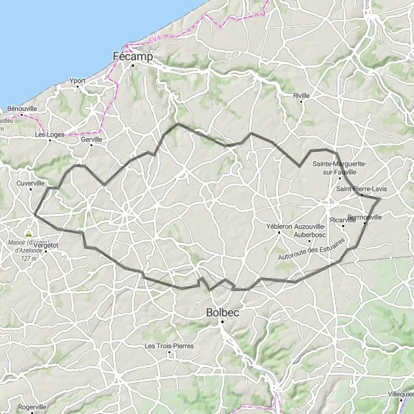 Miniature de la carte de l'inspiration cycliste "Parcours cyclable pittoresque près de Criquetot-l'Esneval" dans la Haute-Normandie, France. Générée par le planificateur d'itinéraire cycliste Tarmacs.app