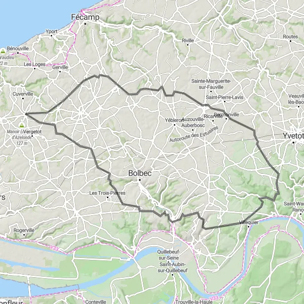 Map miniature of "Epic Challenges and Riverside Beauty" cycling inspiration in Haute-Normandie, France. Generated by Tarmacs.app cycling route planner