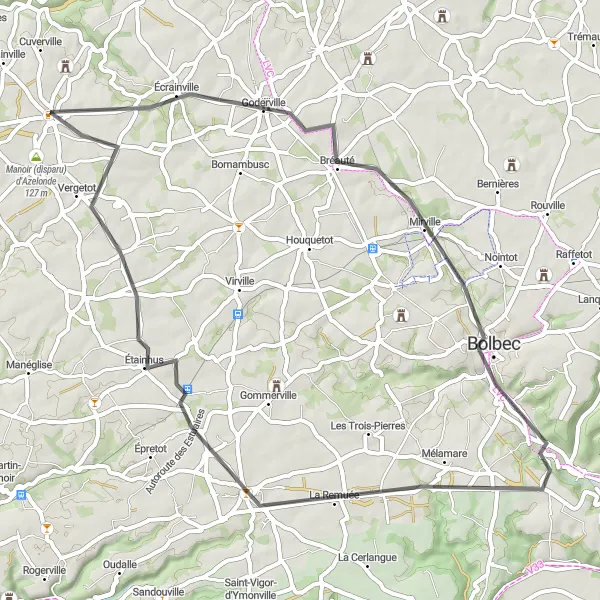 Map miniature of "Charming Villages and Scenic Roads" cycling inspiration in Haute-Normandie, France. Generated by Tarmacs.app cycling route planner