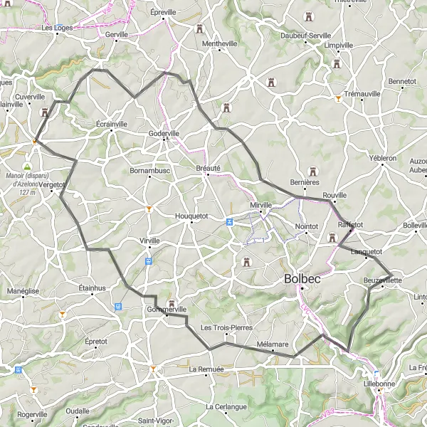 Miniature de la carte de l'inspiration cycliste "Route panoramique de Vergetot" dans la Haute-Normandie, France. Générée par le planificateur d'itinéraire cycliste Tarmacs.app
