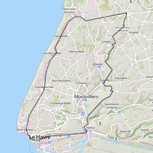 Miniature de la carte de l'inspiration cycliste "Boucle côtière d'Octeville-sur-Mer" dans la Haute-Normandie, France. Générée par le planificateur d'itinéraire cycliste Tarmacs.app