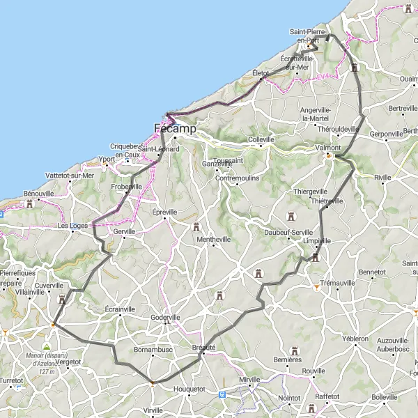 Miniature de la carte de l'inspiration cycliste "Parcours panoramique à vélo dans la campagne normande" dans la Haute-Normandie, France. Générée par le planificateur d'itinéraire cycliste Tarmacs.app