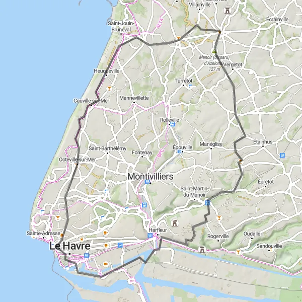 Map miniature of "Historic Towns and Seaside Views" cycling inspiration in Haute-Normandie, France. Generated by Tarmacs.app cycling route planner