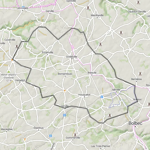 Miniature de la carte de l'inspiration cycliste "Exploration cycliste autour de Criquetot-l'Esneval" dans la Haute-Normandie, France. Générée par le planificateur d'itinéraire cycliste Tarmacs.app