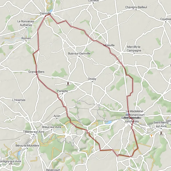 Miniature de la carte de l'inspiration cycliste "Itinéraire de Gravel de Moisville" dans la Haute-Normandie, France. Générée par le planificateur d'itinéraire cycliste Tarmacs.app