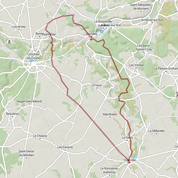 Miniature de la carte de l'inspiration cycliste "Circuit de Gravel de Nogent-le-Sec" dans la Haute-Normandie, France. Générée par le planificateur d'itinéraire cycliste Tarmacs.app