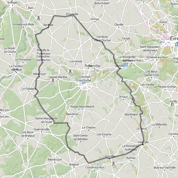 Miniature de la carte de l'inspiration cycliste "Parcours Routier de Ferrières-Haut-Clocher" dans la Haute-Normandie, France. Générée par le planificateur d'itinéraire cycliste Tarmacs.app