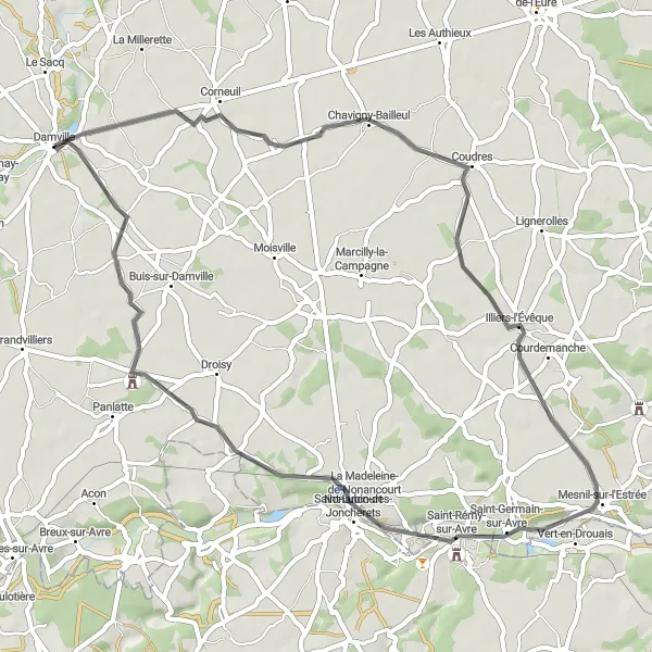 Map miniature of "Damville Exploration" cycling inspiration in Haute-Normandie, France. Generated by Tarmacs.app cycling route planner