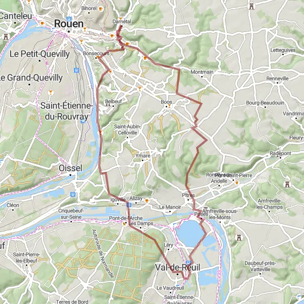 Miniature de la carte de l'inspiration cycliste "Aventure gravel à Saint-Aubin-Épinay" dans la Haute-Normandie, France. Générée par le planificateur d'itinéraire cycliste Tarmacs.app