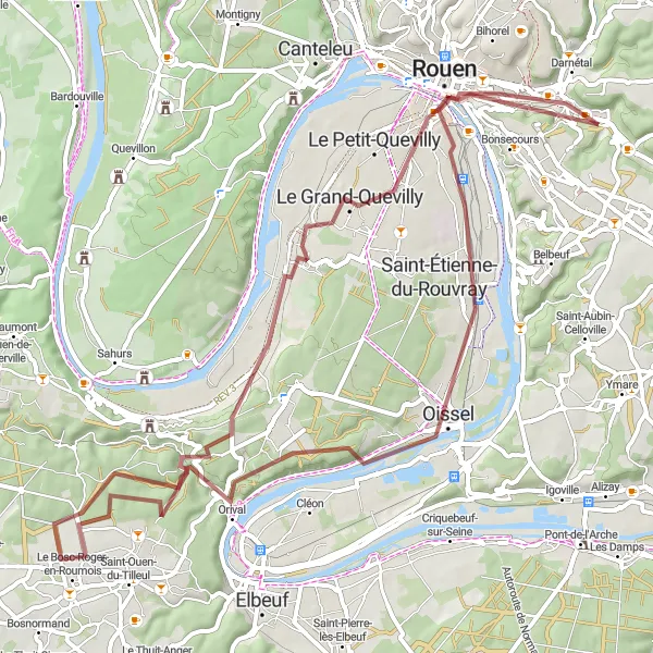 Miniature de la carte de l'inspiration cycliste "Aventure gravel à Sotteville-lès-Rouen" dans la Haute-Normandie, France. Générée par le planificateur d'itinéraire cycliste Tarmacs.app