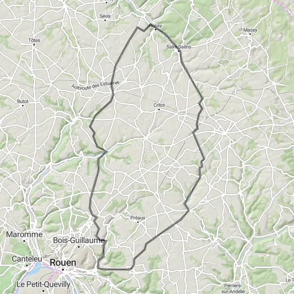 Miniature de la carte de l'inspiration cycliste "Boucle à vélo à travers les villages normands et la campagne" dans la Haute-Normandie, France. Générée par le planificateur d'itinéraire cycliste Tarmacs.app