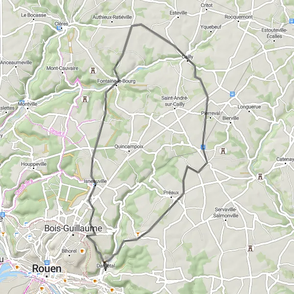 Miniature de la carte de l'inspiration cycliste "Boucle cycliste autour de Darnétal et Isneauville" dans la Haute-Normandie, France. Générée par le planificateur d'itinéraire cycliste Tarmacs.app