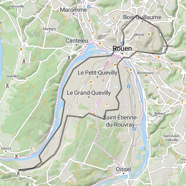 Miniature de la carte de l'inspiration cycliste "Circuit panoramique de Rouen Est" dans la Haute-Normandie, France. Générée par le planificateur d'itinéraire cycliste Tarmacs.app