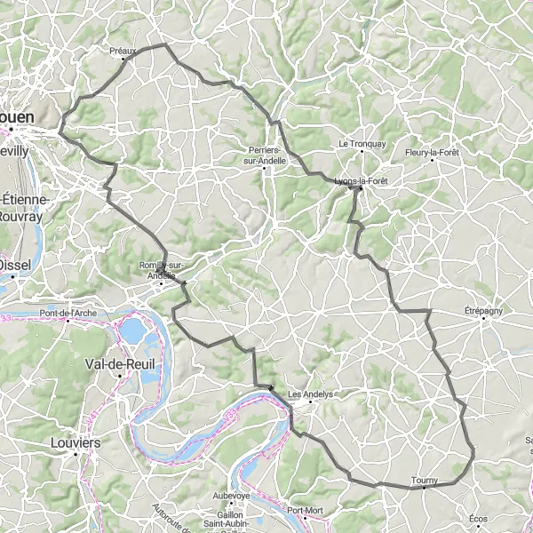 Miniature de la carte de l'inspiration cycliste "Exploration de la campagne normande" dans la Haute-Normandie, France. Générée par le planificateur d'itinéraire cycliste Tarmacs.app