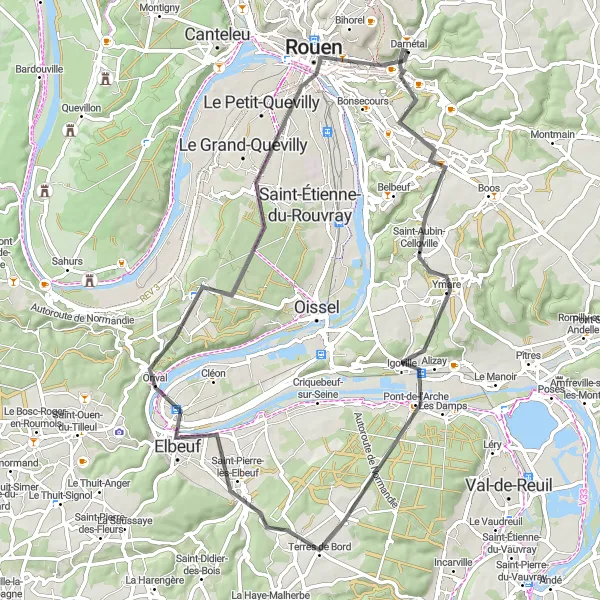 Miniature de la carte de l'inspiration cycliste "Route pittoresque de Franqueville-Saint-Pierre" dans la Haute-Normandie, France. Générée par le planificateur d'itinéraire cycliste Tarmacs.app
