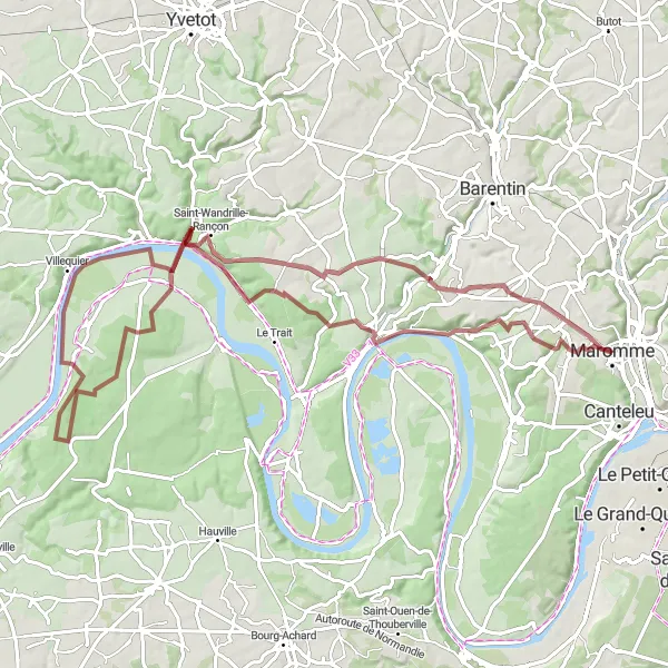 Miniature de la carte de l'inspiration cycliste "Circuit Gravel de la Vallée de la Seine" dans la Haute-Normandie, France. Générée par le planificateur d'itinéraire cycliste Tarmacs.app