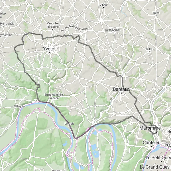 Miniature de la carte de l'inspiration cycliste "Les Boucles de la Seine" dans la Haute-Normandie, France. Générée par le planificateur d'itinéraire cycliste Tarmacs.app