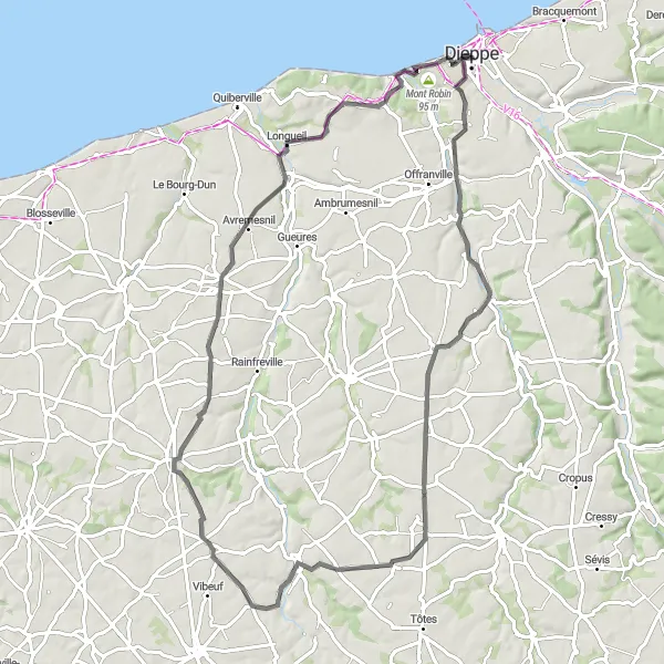 Miniature de la carte de l'inspiration cycliste "Circuit Pittoresque de Dieppe à Varengeville-sur-Mer" dans la Haute-Normandie, France. Générée par le planificateur d'itinéraire cycliste Tarmacs.app