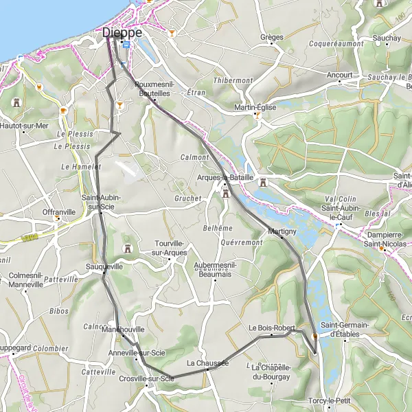 Map miniature of "The Dieppe Scenic Road" cycling inspiration in Haute-Normandie, France. Generated by Tarmacs.app cycling route planner