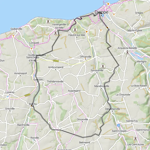 Map miniature of "Discover the Countryside" cycling inspiration in Haute-Normandie, France. Generated by Tarmacs.app cycling route planner
