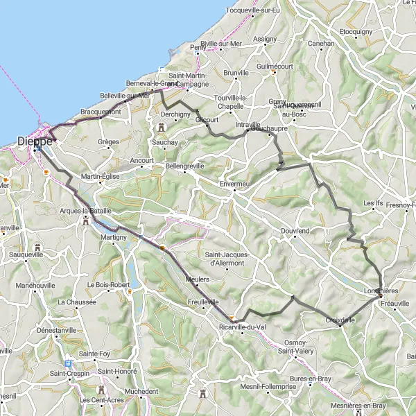 Map miniature of "Road Cycling Adventure from Dieppe" cycling inspiration in Haute-Normandie, France. Generated by Tarmacs.app cycling route planner