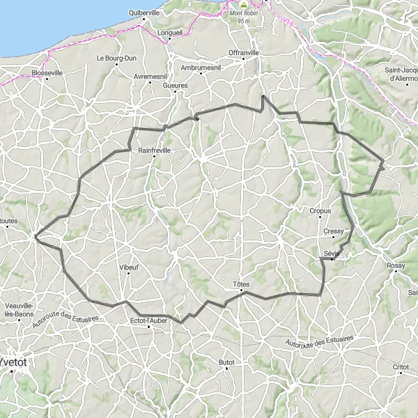 Map miniature of "The Caux Plateau Experience" cycling inspiration in Haute-Normandie, France. Generated by Tarmacs.app cycling route planner