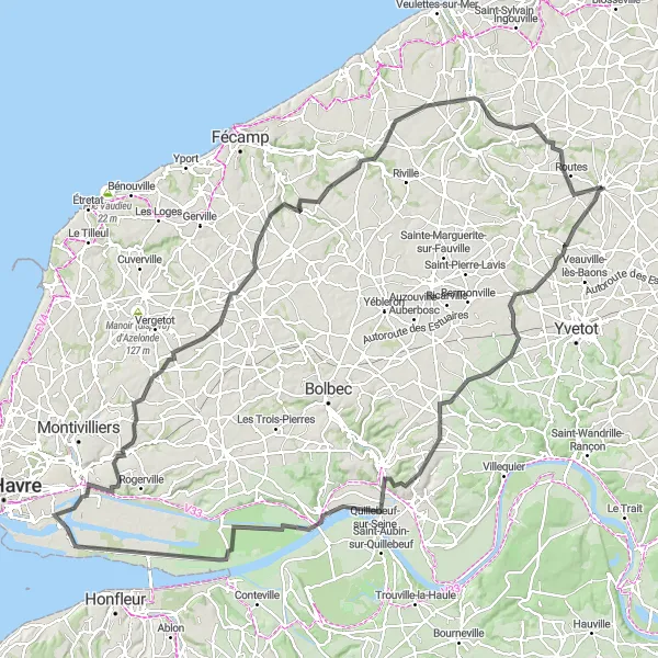 Map miniature of "Haute-Normandie Road Cycling Adventure" cycling inspiration in Haute-Normandie, France. Generated by Tarmacs.app cycling route planner