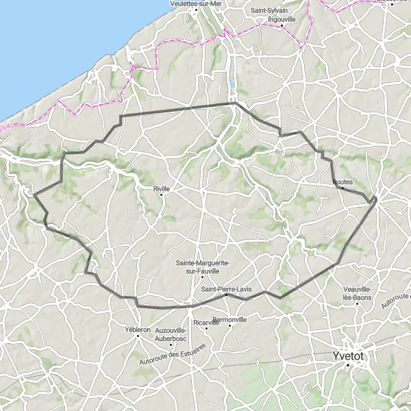 Miniature de la carte de l'inspiration cycliste "Tour des Vallées de la Côte d'Albâtre" dans la Haute-Normandie, France. Générée par le planificateur d'itinéraire cycliste Tarmacs.app