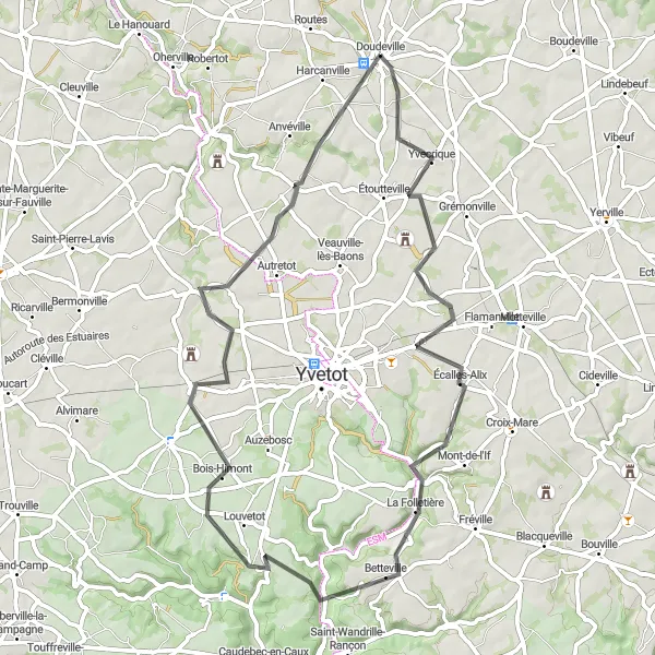 Miniature de la carte de l'inspiration cycliste "Boucle à vélo de Doudeville à Hautot-Saint-Sulpice" dans la Haute-Normandie, France. Générée par le planificateur d'itinéraire cycliste Tarmacs.app