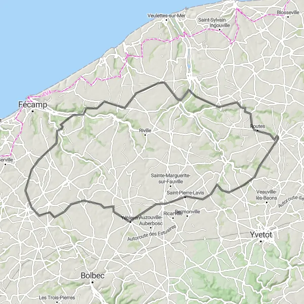 Miniature de la carte de l'inspiration cycliste "Parcours cycliste vers Colleville et Bosville" dans la Haute-Normandie, France. Générée par le planificateur d'itinéraire cycliste Tarmacs.app