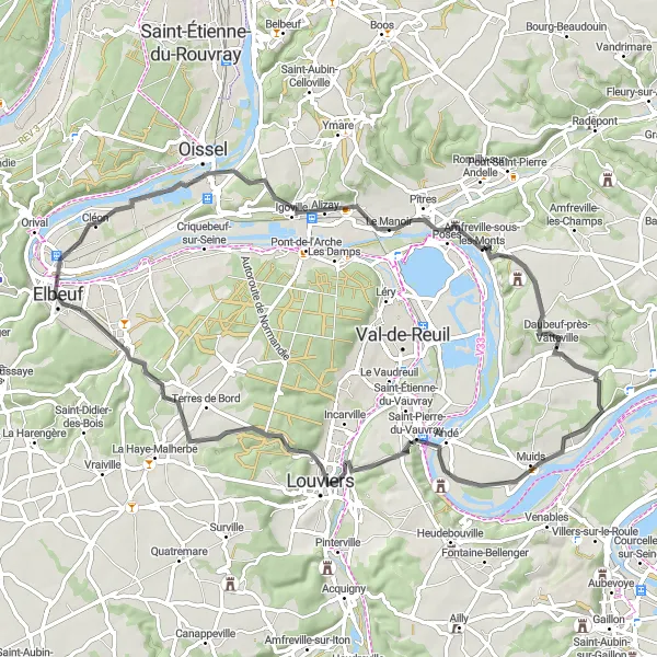 Miniature de la carte de l'inspiration cycliste "Les Vallées de l'Eure" dans la Haute-Normandie, France. Générée par le planificateur d'itinéraire cycliste Tarmacs.app