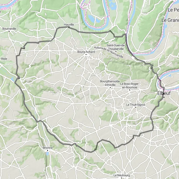 Miniature de la carte de l'inspiration cycliste "Les Vallées Normandes" dans la Haute-Normandie, France. Générée par le planificateur d'itinéraire cycliste Tarmacs.app