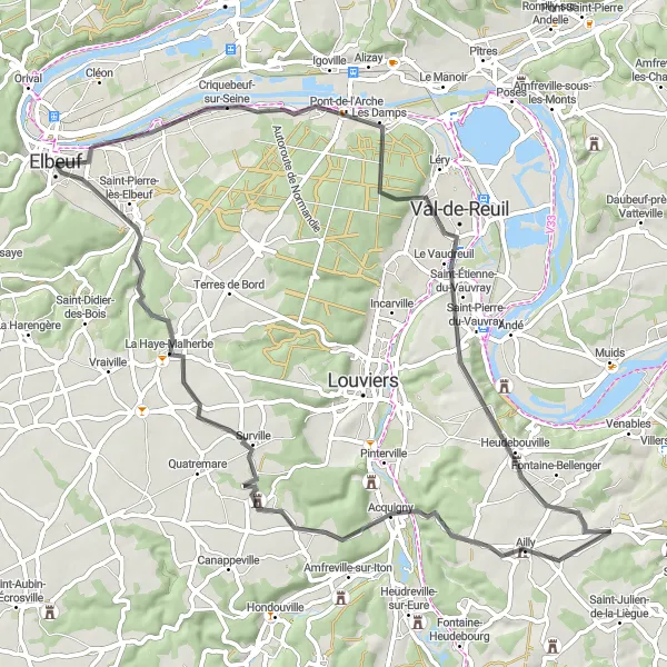 Miniature de la carte de l'inspiration cycliste "Les Boucles de l'Eure" dans la Haute-Normandie, France. Générée par le planificateur d'itinéraire cycliste Tarmacs.app