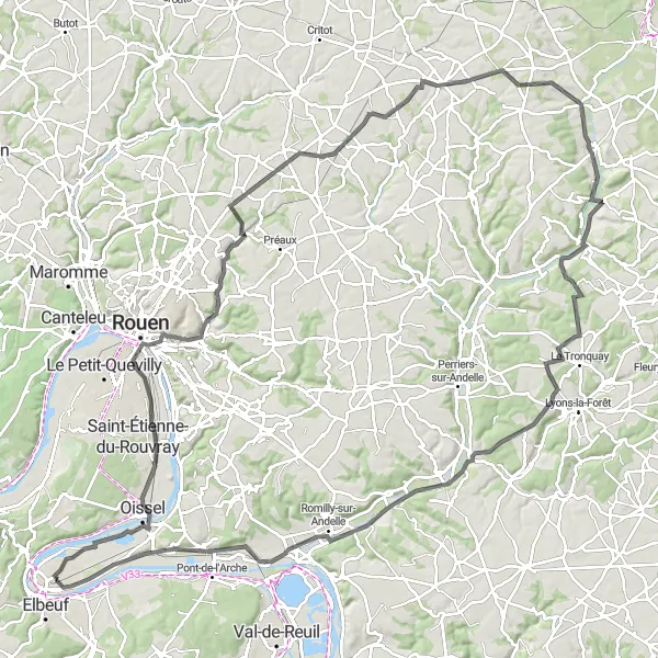 Map miniature of "Around Elbeuf: Rivers and Valleys" cycling inspiration in Haute-Normandie, France. Generated by Tarmacs.app cycling route planner