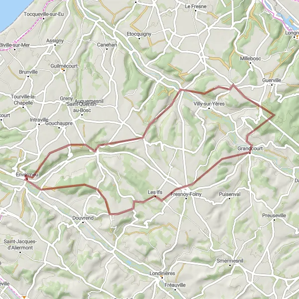 Miniature de la carte de l'inspiration cycliste "Les Chemins du Plateau de Caux" dans la Haute-Normandie, France. Générée par le planificateur d'itinéraire cycliste Tarmacs.app