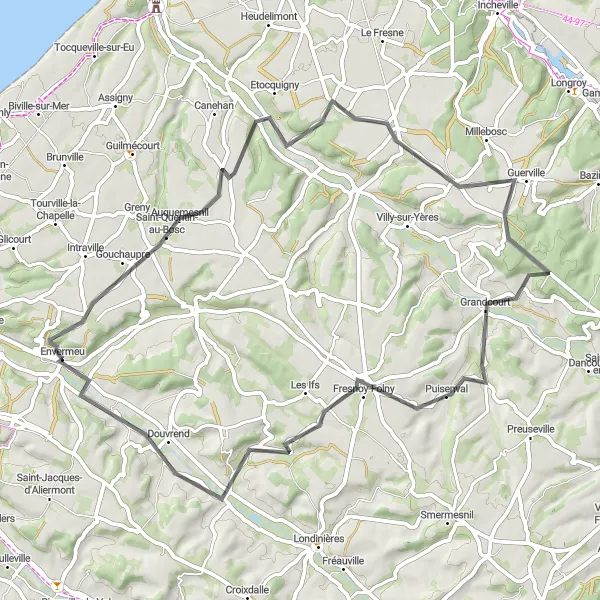 Miniature de la carte de l'inspiration cycliste "Boucle pittoresque de 61 km autour d'Envermeu" dans la Haute-Normandie, France. Générée par le planificateur d'itinéraire cycliste Tarmacs.app