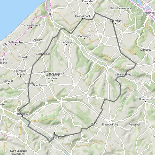 Map miniature of "Envermeu to Touffreville-sur-Eu Road Loop" cycling inspiration in Haute-Normandie, France. Generated by Tarmacs.app cycling route planner