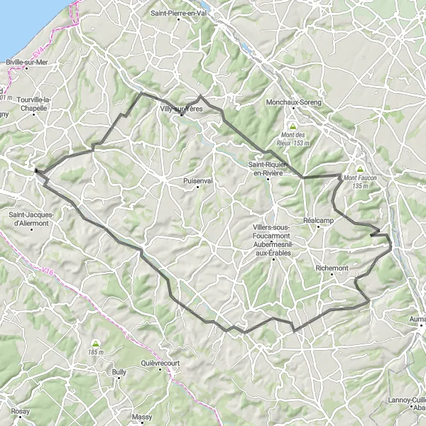 Miniature de la carte de l'inspiration cycliste "Circuit pittoresque de 98 km près d'Envermeu" dans la Haute-Normandie, France. Générée par le planificateur d'itinéraire cycliste Tarmacs.app