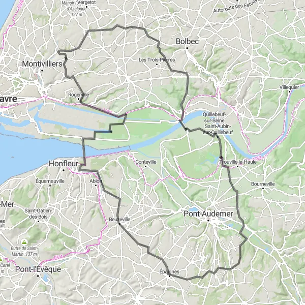 Miniature de la carte de l'inspiration cycliste "Le Circuit des Vallées" dans la Haute-Normandie, France. Générée par le planificateur d'itinéraire cycliste Tarmacs.app