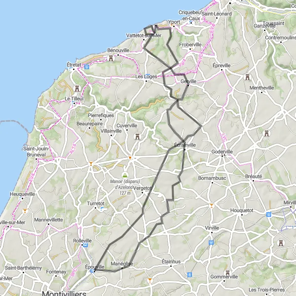 Map miniature of "Angerville-l'Orcher Cycling Route" cycling inspiration in Haute-Normandie, France. Generated by Tarmacs.app cycling route planner