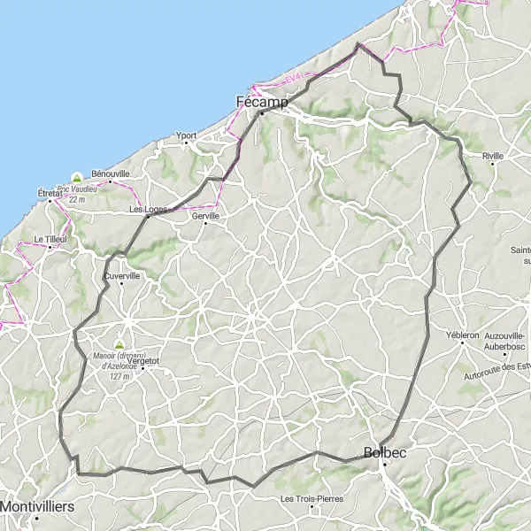 Miniature de la carte de l'inspiration cycliste "Les Collines d'Épouville" dans la Haute-Normandie, France. Générée par le planificateur d'itinéraire cycliste Tarmacs.app