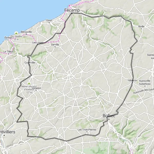 Miniature de la carte de l'inspiration cycliste "Tour des Abbayes" dans la Haute-Normandie, France. Générée par le planificateur d'itinéraire cycliste Tarmacs.app