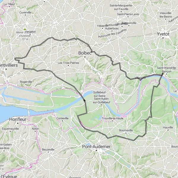 Miniature de la carte de l'inspiration cycliste "Boucle de l'Estuaire" dans la Haute-Normandie, France. Générée par le planificateur d'itinéraire cycliste Tarmacs.app